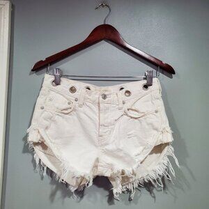 Free People We the Free Women's Cream Distressed Jean Shorts Button-Fly Sz 24
